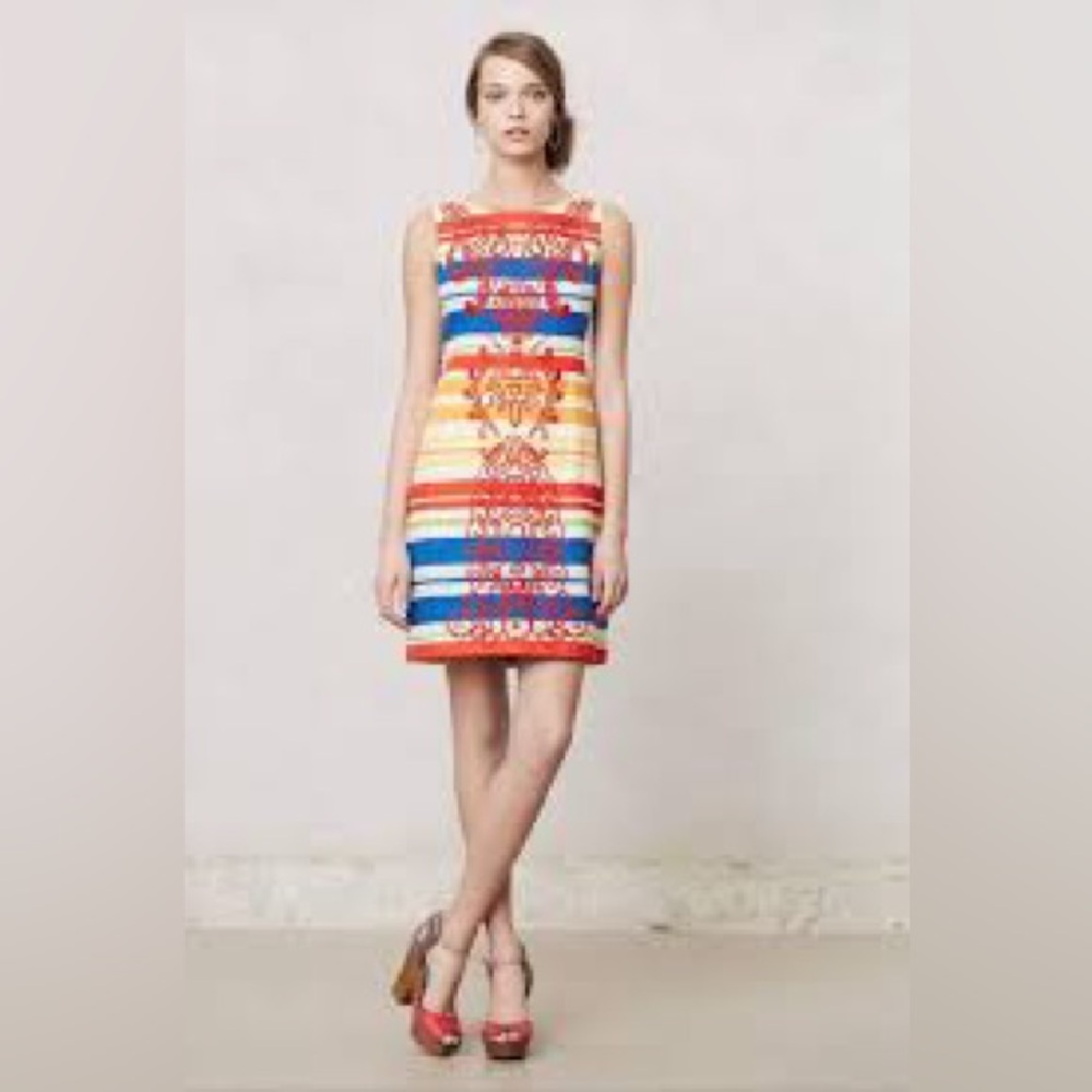 Anthropologie Tabitha Striped Embroidered Sleeveless Sheath Dress